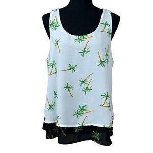 Chenault White Green Black Tropical Palm Tree Layered Sleeveless Top Size M